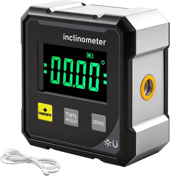 Grijze digitale hellingmeter met groen LCD-display ('00.00') en USB-oplaadkabel.