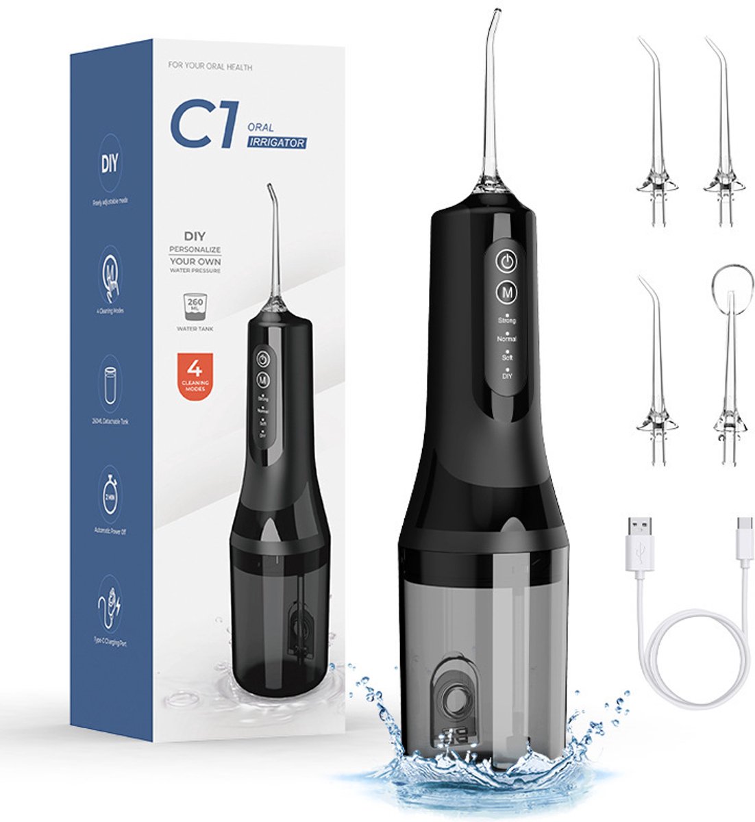 Waterflosser – Draagbare Mondirrigator 260 ml met 4 Opzetstukken en 4 Modi – USB Oplaadbaar – IPX7 Waterdicht – Draagbare Waterflosser – Geschikt voor Thuis en Reizen – Zwart