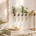 Vier glazen reageerbuisjes met planten en bloemen, opgehangen aan een muur, naast een gouden lamp en decoratieve objecten.
