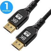 Twee zwarte DisplayPort kabels met gouden connectoren. Cirkel met "1 meter".