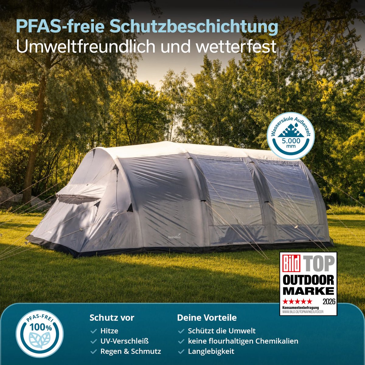Skandika opblaasbare tent Folldal 5 Air Protect - Luchttent voor 5 personen, ingenaaid grondzeil, waterdicht, 5000 mm waterkolom, met pomp, zonneluifel | Campingtent, tunneltent, airtent – foto 8