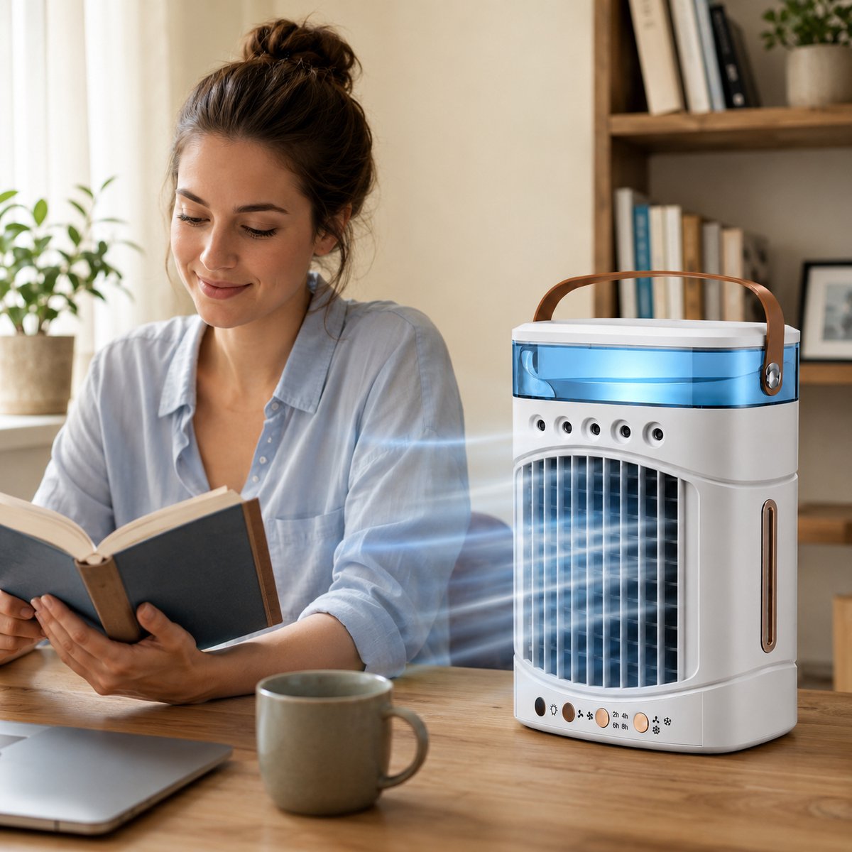 Mini Airco 4-in-1 – Draagbare Mobiele Luchtkoeler met Luchtbevochtiger – 5 Vernevelaars, 3 Nevelstanden, 2 Snelheden, Timer & LED – USB Bureauventilator Zonder Afvoerslang – Wit – foto 6
