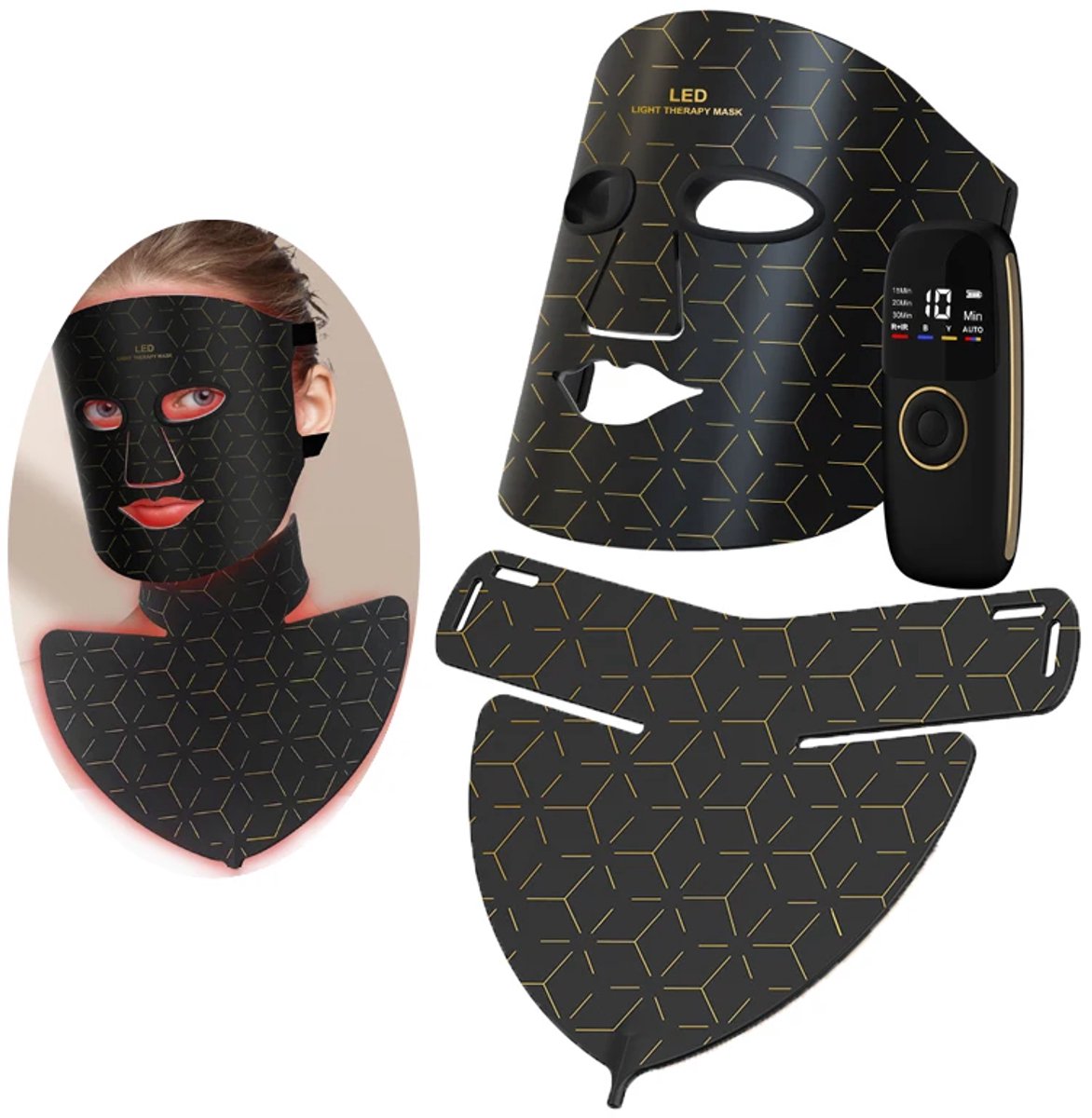 ITRONIQ LED Lichttherapie Masker Gezicht & Hals - Rood en Blauw Licht - Anti-Aging - Huidverjonging - Oplaadbaar - Zwart