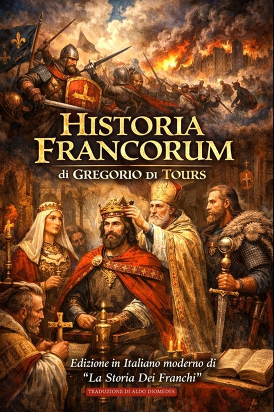 Illustration historique d'un couronnement et d'une bataille, avec le titre 'Historia Francorum di Gregorio di Tours'.