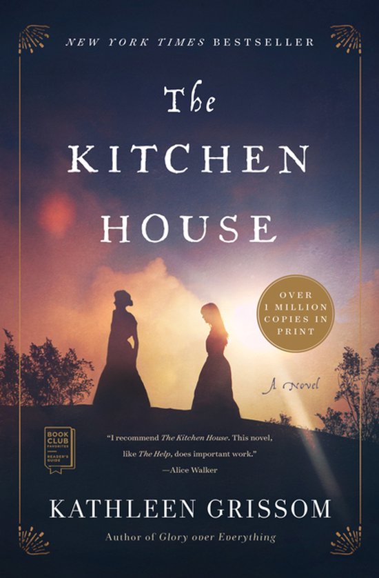 Boek "The Kitchen House" van Kathleen Grissom met op de cover twee vrouwen in silhouet tegen een zonsondergang.