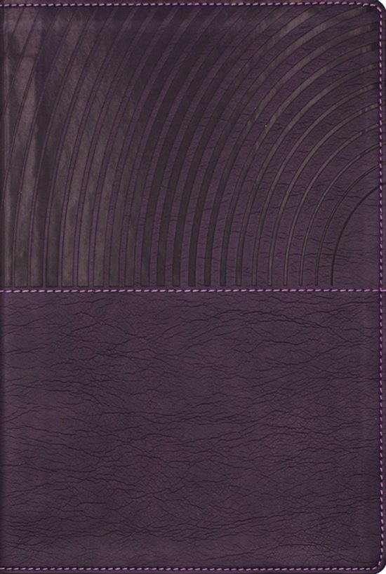 Paarse bijbel met een leathersoft kaft. De bovenkant heeft een decoratief gebogen patroon in donkere tinten. De onderkant heeft een grovere textuur. Genaaid met paarse stiksels.