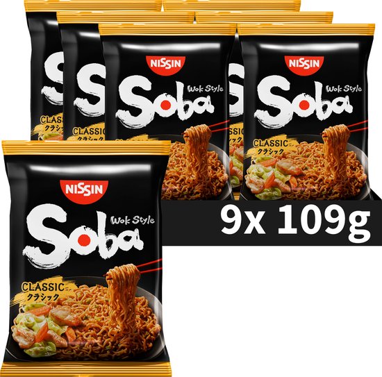 Verpakking met 9 zakken Nissin Soba Wok Style Classic noedels, elk 109g
