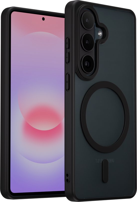 Coque noire pour téléphone Samsung avec anneau magnétique. Téléphone avec écran violet-rose visible.