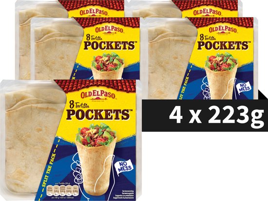 Quatre paquets de 8 Old El Paso Tortilla Pockets chacun, avec une image d'un wrap garni.