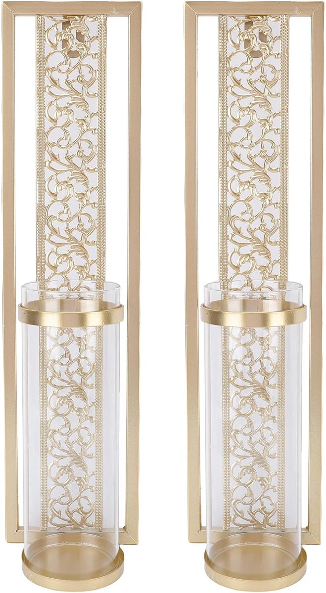 Wandkaarsenhouder Set - Met Glas - Sfeerverlichting Thuis - Vintage Ijzer Design - 43x22x11 cm - Goud