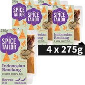 Vier verpakkingen van 'The Spice Tailor' Indonesisch Rendang 3-staps currykit, met de tekst "4 x 275g".