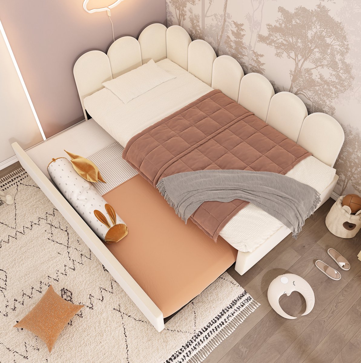 MEUNIQ bedbank 90x200 cm met uitschuifbed 90x190 cm, kinderbed met lattenbodem, fluwelen daybed voor kinderkamer of logeerkamer, beige, zonder matras