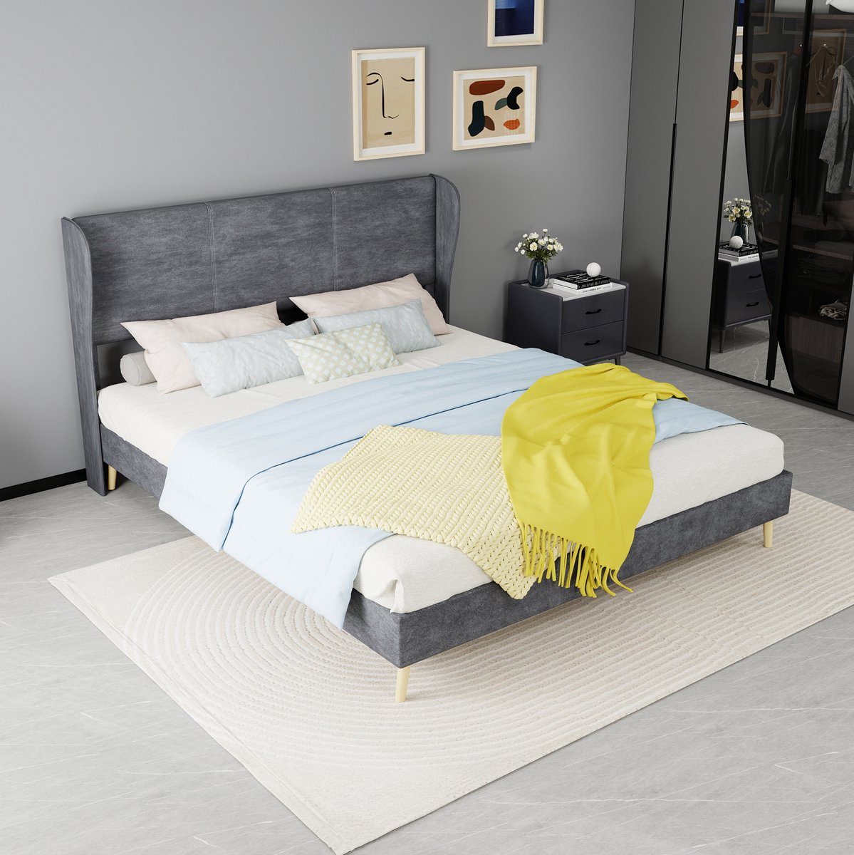 MEUNIQ gestoffeerd tweepersoons bed 160x200 cm met zacht hoofdbord en lattenbodem, laag bedframe zonder opbergruimte, slaapkamer, grijs, matras niet inbegrepen