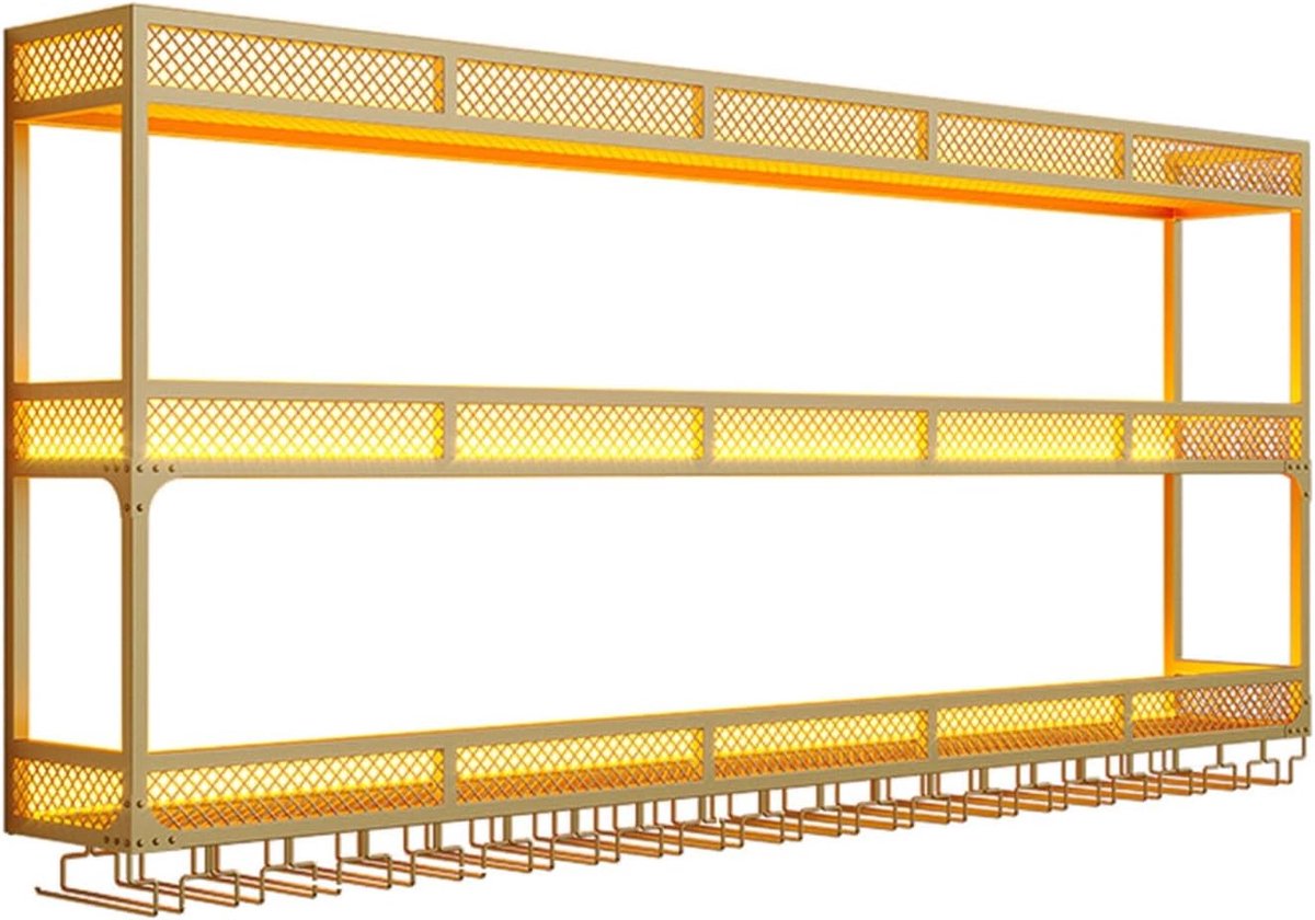 Wijnrek Wandmontage - Drankplank Bar - Wijn Presenteren - Geïntegreerde LED-verlichting - 3 Tier - Goud