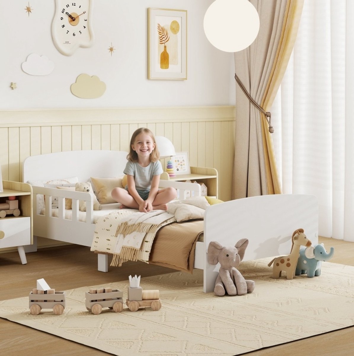 MEUNIQ Kinderbed 143,5 x 74,2 cm met dubbele veiligheidsschermen, laag peuterbed voor 140 x 70 cm matras, MDF, wit, voor kinderkamer
