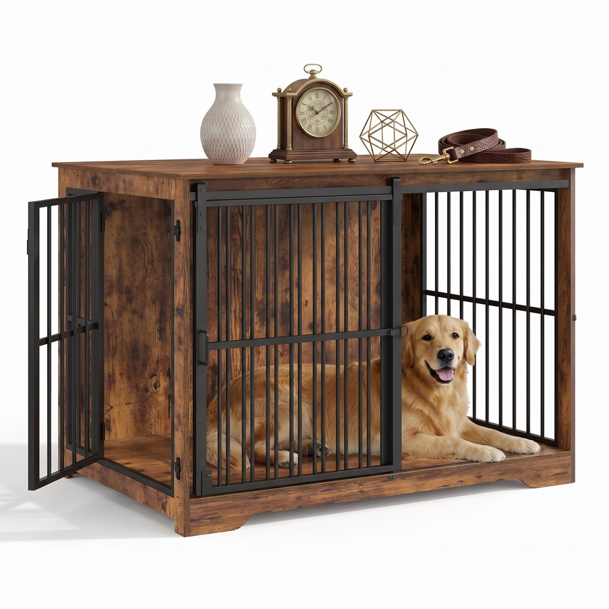 Aiverig® Hondenbench Hout Meubel XL – met Schuifdeur & Zijdeur – Hondenhok voor Binnen & Hondenkooi – Krasvrije Poten & Anti-knaag Sloten – Voor Grote Honden – Bruin – 110×65×81 CM