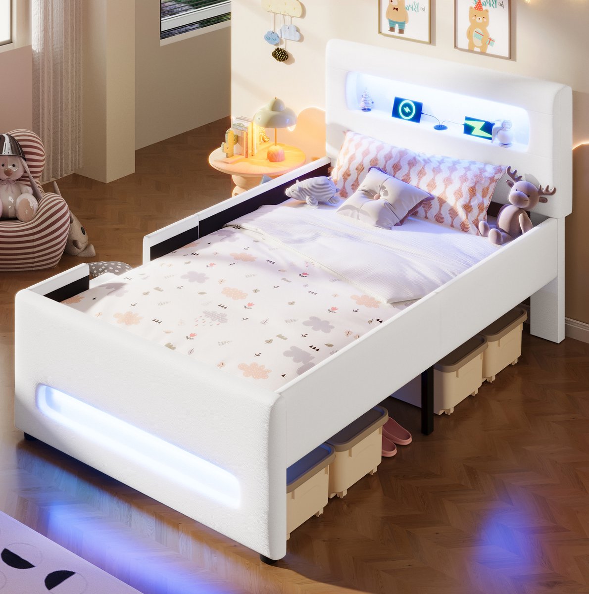 MEUNIQ gestoffeerd eenpersoons platformbed 90 x 200 cm met opberglade, trap, LED-verlichting en lattenbodem voor kinderkamer of slaapkamer, wit
