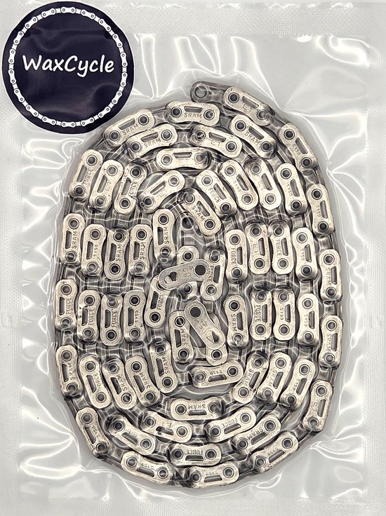 Zilverkleurige SRAM Force Flattop fietsketting, 12/13-speed, 114 schakels, in plastic verpakking met WaxCycle logo.