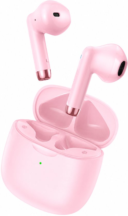 Roze oordopjes zweven boven een open roze oplaadcase.
