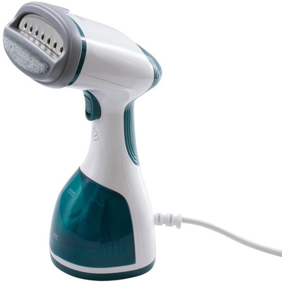 Witte en turquoise handstomer met waterreservoir aan de onderkant.