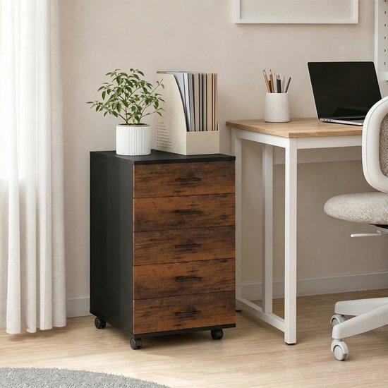 Houten ladenblok met 5 lades, zwart frame, op wielen, naast een bureau met een laptop en een plant.