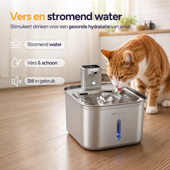 Zilverkleurige drinkfontein met stromend water, waar een oranje kat uit drinkt. "Vers en stromend water" staat in het geel.
