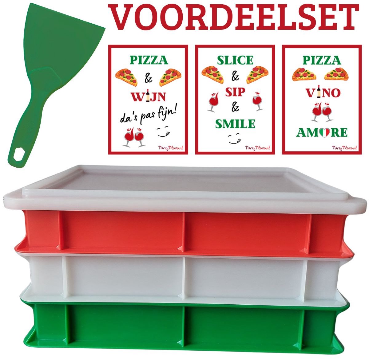 Voordeelset: 3 x Deegkrat Tricolore, 1 x deksel wit, 1 x deegspatel groen