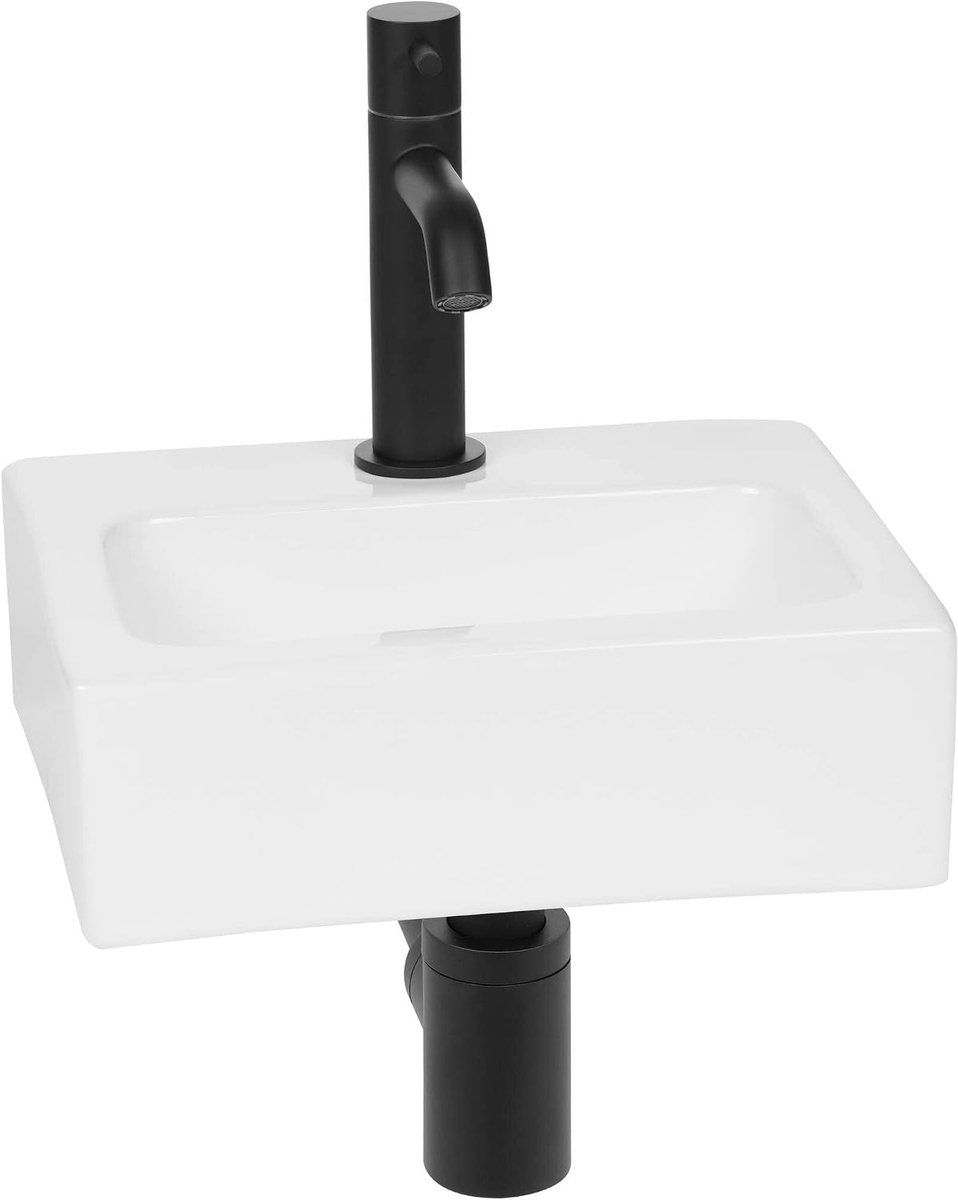 Mini fonteinset - Toilet fontein - Ruimte Besparen - Mat Zwarte Kraan - Standaard Maat - Glans Wit