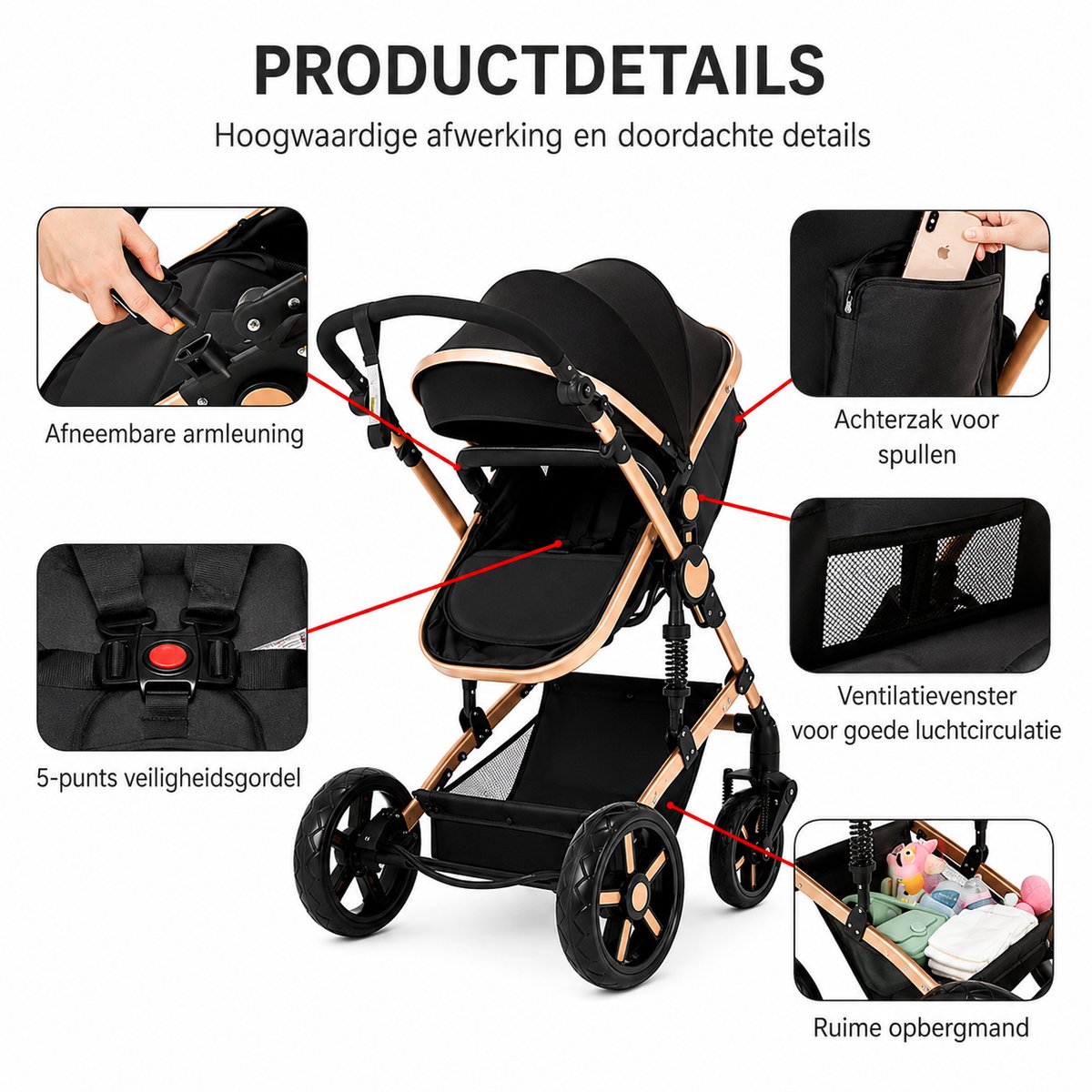 3-in-1 kinderwagen reissysteem – Kinderwagen en buggy met autostoeltje – Lichtgewicht, opvouwbaar en compact – Schokdempende wielen – Omkeerbare zitting – Verstelbare rugleuning en duwstang – UV-bescherming – Ruime opbergmand thumbnail 3