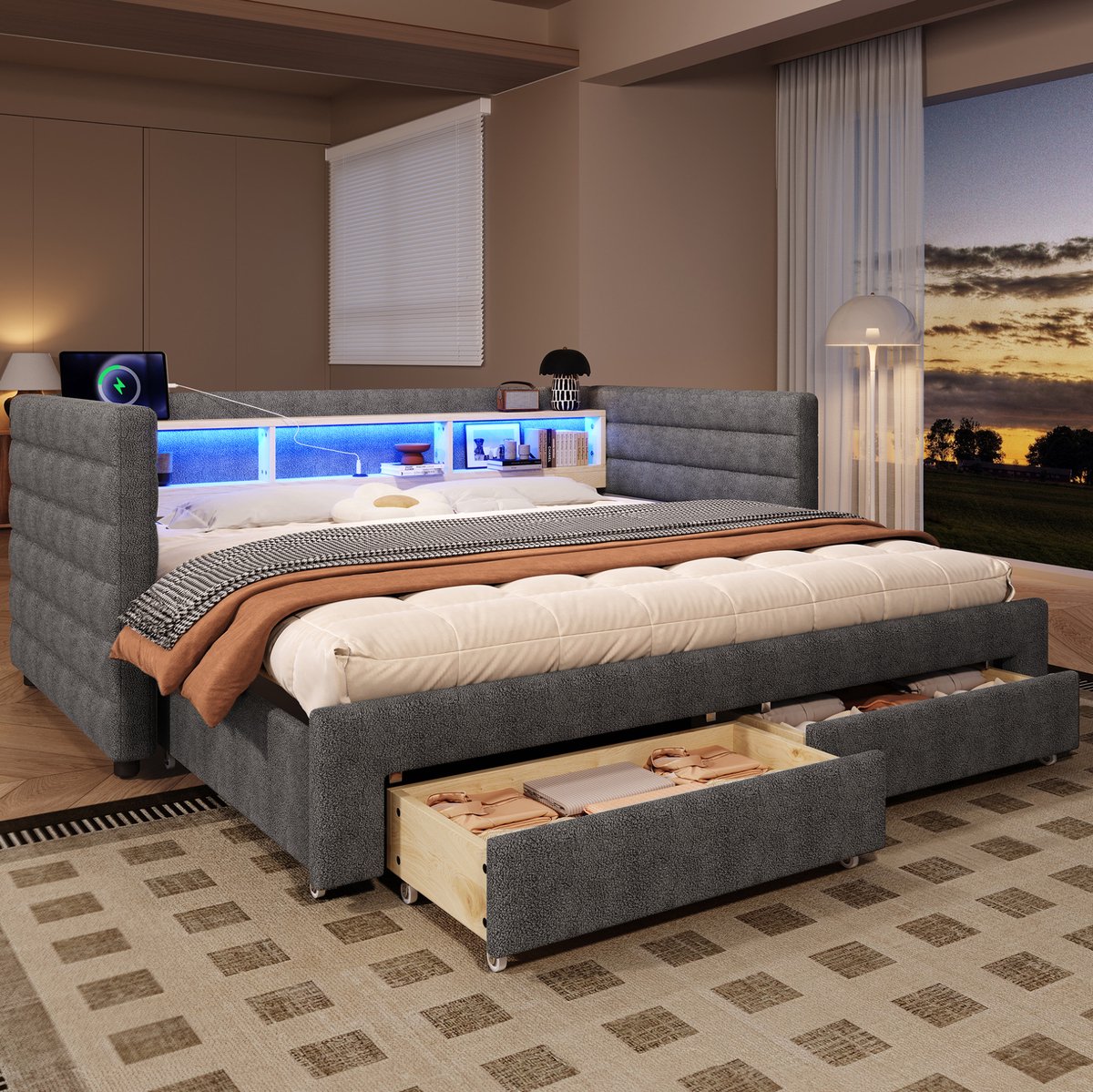 MEUNIQ slaapbank 90x190 cm met uitschuifbaar daybed ontwerp, 2 lades, opbergvakken, LED-verlichting, USB en Type-C, zonder matras, grijs
