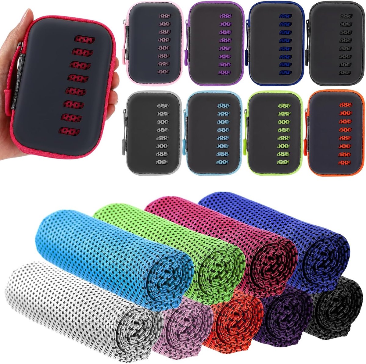 Set van 9 koelhanddoeken - Verkoelende handdoeken - Fitness sneldrogende handdoek - Ideaal voor nek en gezicht bij warm weer - Voor buitensport sportschool hardlopen en joggen - Inclusief opbergetui - 30 x 90 cm - 9 kleuren