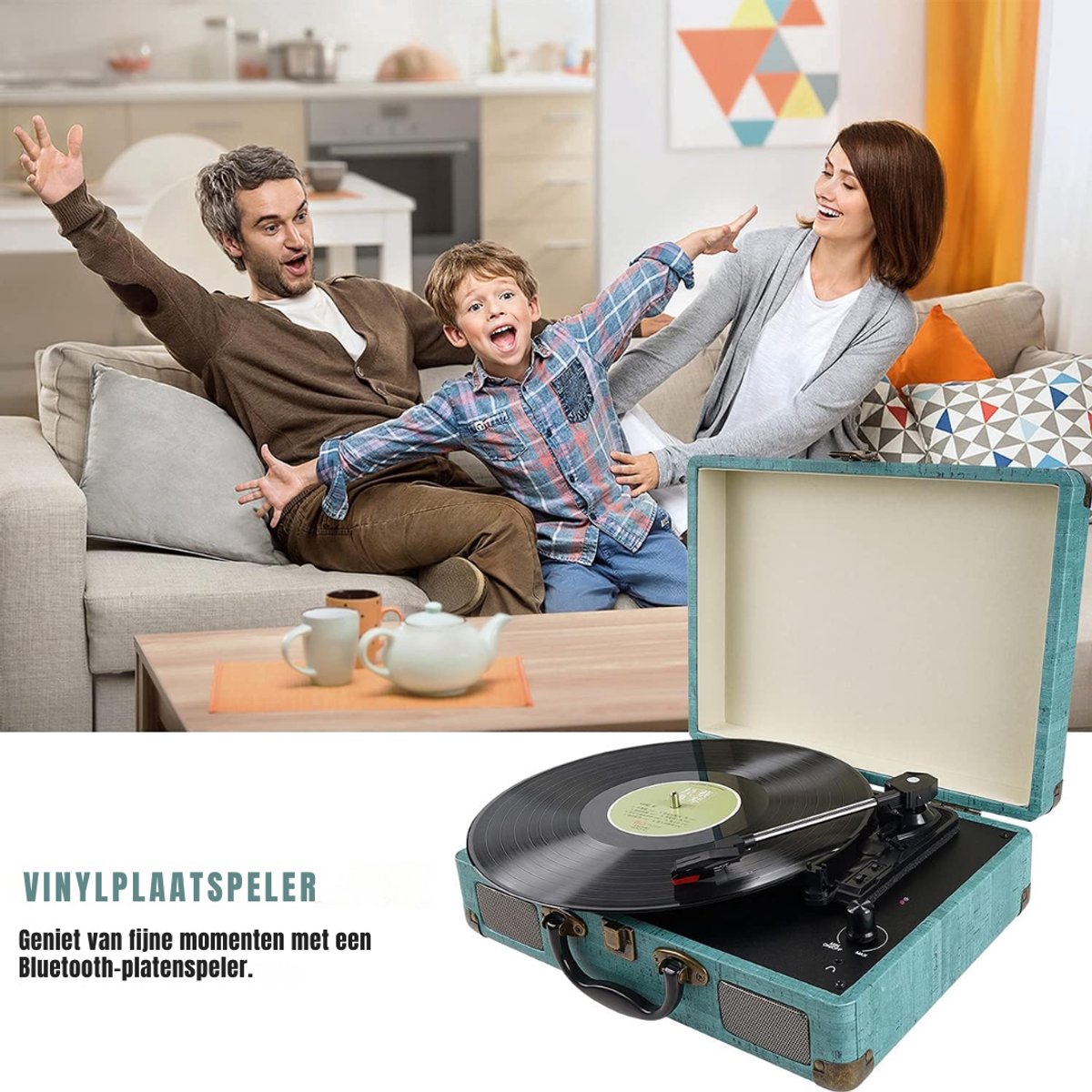 Ploutos® Platenspeler Bluetooth - Retro Platenspeler in Koffer – Complete Set met Speakers - Blauw - 36cm x 26cm x 116cm — cadeau in Games, Films & Muziek - foto 4