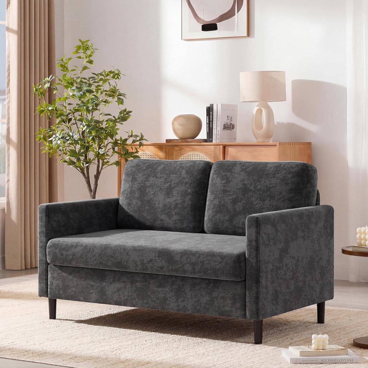 51" loveseat-bank – Ademende, gezellige loveseat-bank van imitatielinnen met 2 zitplaatsen – met brede rugleuning en gewatteerde zittingen – Moderne bank om samen te ontspannen – Montage zonder gereedschap – Grils