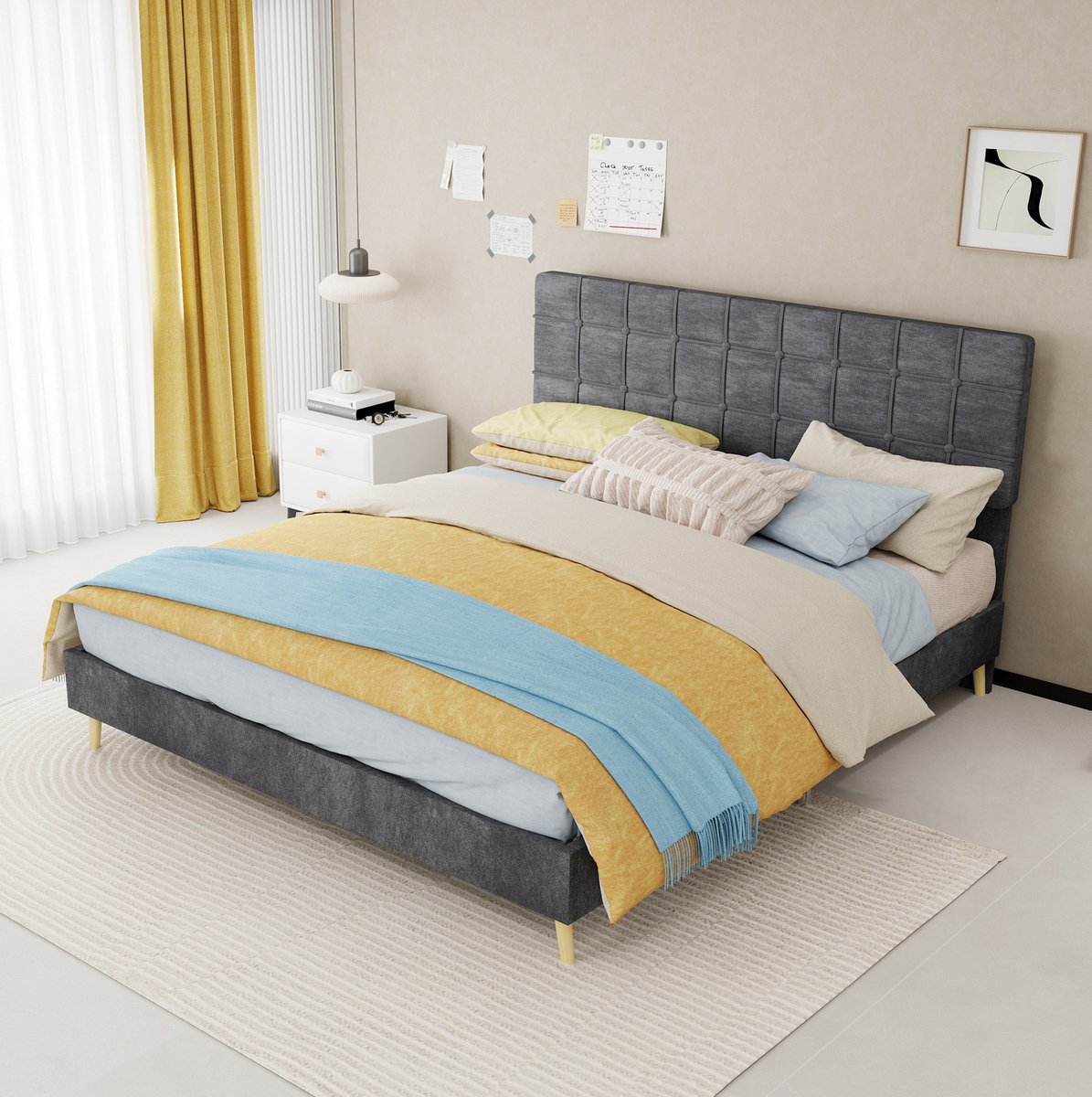 MEUNIQ tweepersoons bedframe 160x200 cm met gestoffeerd hoofdbord met ruitstiksel, houten poten en lattenbodem, voor slaapkamer, donkergrijs