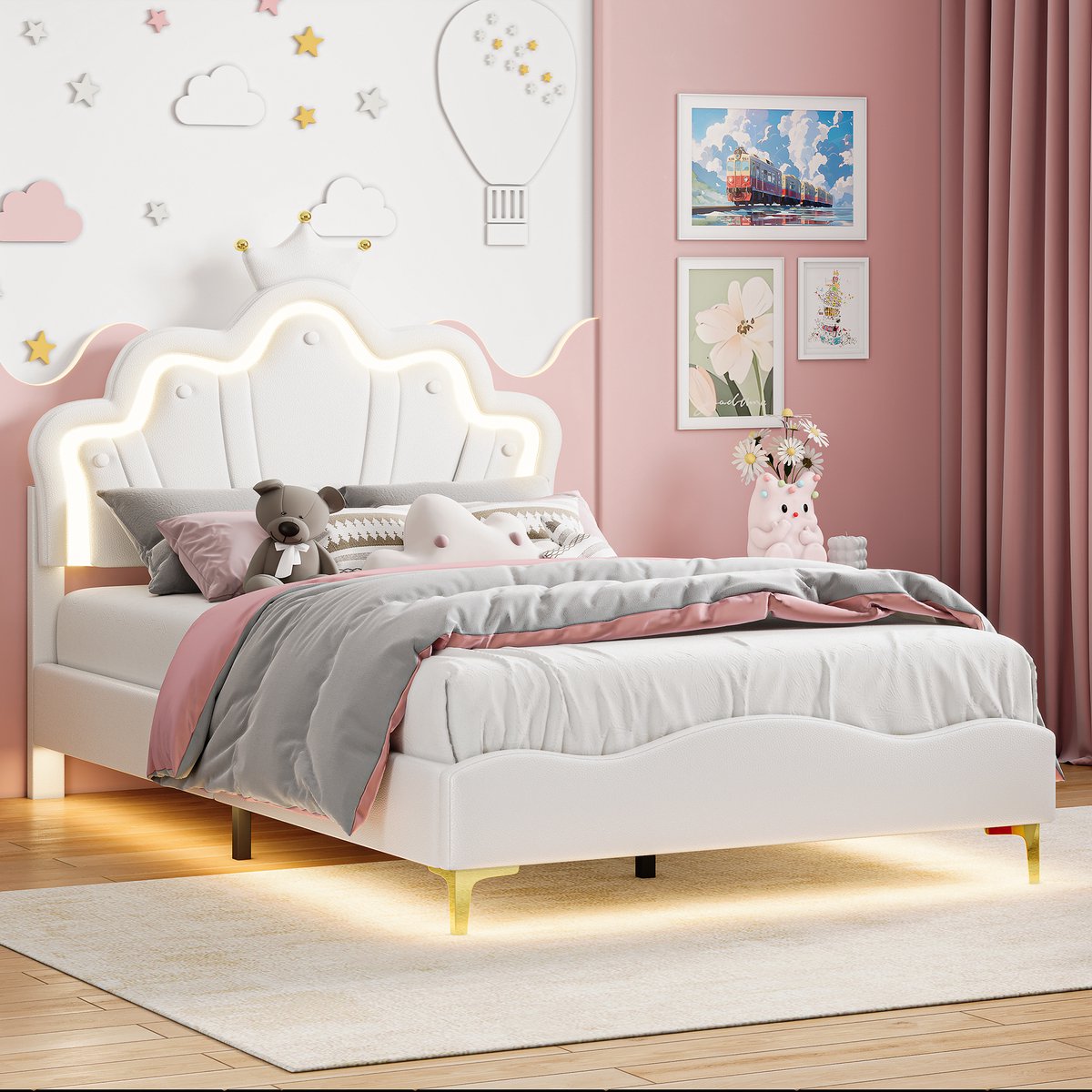 Solvenrik Princess Bed 140x190 Wit – Velvet Cloud Bed met LED, Kroon Hoofdbord & Gouden Poten