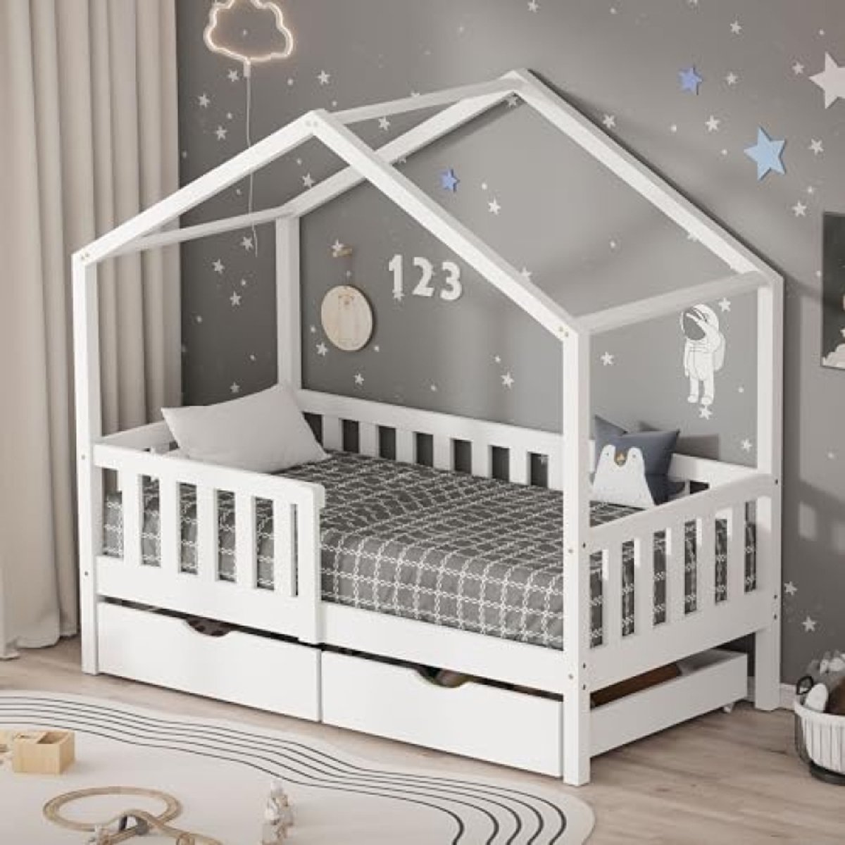 Kinderbed Huisbed 70x140 cm Wit met 2 Lades Houten Bed met Valbeveiliging Lattenbodem en Dak Speelbed van Grenenhout Montessori Vloerbed Kindermeubel