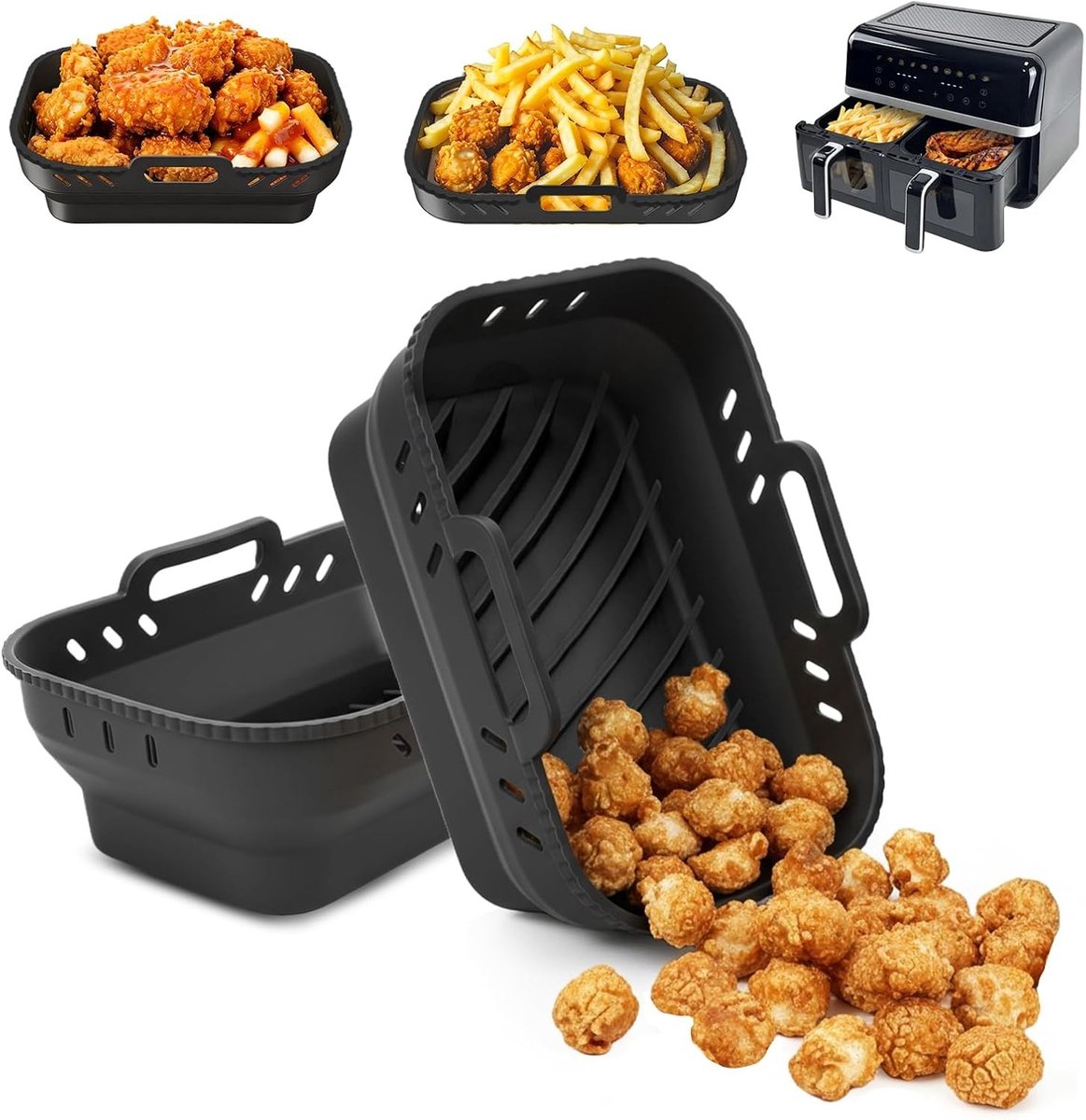 Herbruikbare Siliconen Air Fryer Liners, Rectangulaire Accessoires voor Dubbele Mand, Antiaanbak en Vaatwasserbestendig, Ideaal voor Gezond Koken en Bakken
