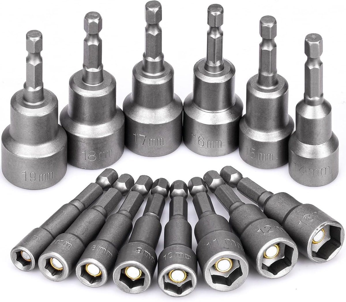 14-delige Magnetische Hexaansluitset van 6mm tot 19mm voor Schroevendraaiers en Boormachines, Gemaakt van Chroom Vanadium Staal, Inclusief Adapters en Socket Nissen