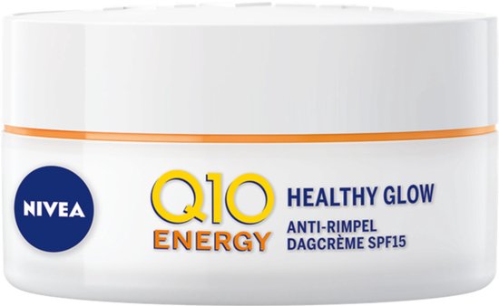 Nivea Q10 Energy anti-rimpel dagcrème potje met oranje rand en gouden letters.