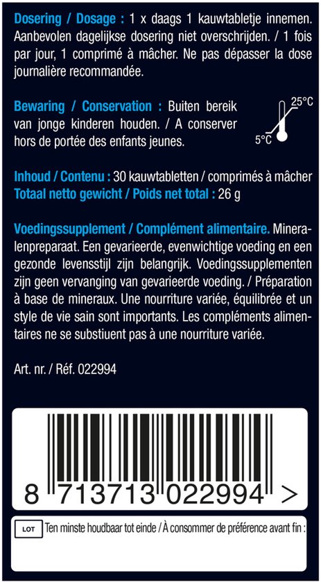 Achterkant van de verpakking met dosering, bewaren en inhoud. 30 kauwtabletten.
