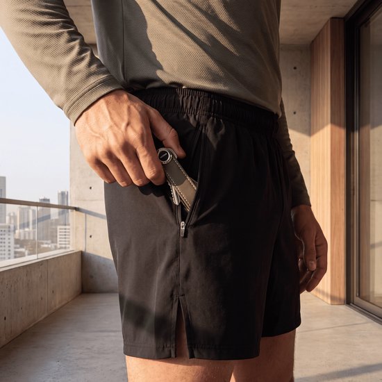 Man met zwarte short en kaki shirt legt sleutelhanger in zijn zak.