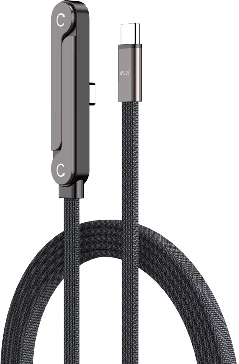 NEOVO 240W USB-C Oplaadkabel 1,5 m – 360° Draaibare & Opvouwbare Telefoonstandaard, 90° Gaming Connector, PD Snelladen, Gevlochten Kabel, Compatibel met iPhone, Samsung, Huawei, Xiaomi, Google Pixel en Meer
