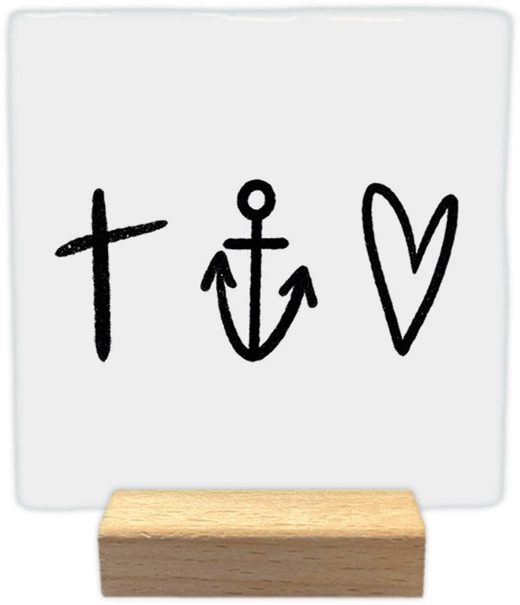 Artige Decoratie tegel - Geloof hoop liefde - keramisch - 10x10 cm - inclusief houder Wit