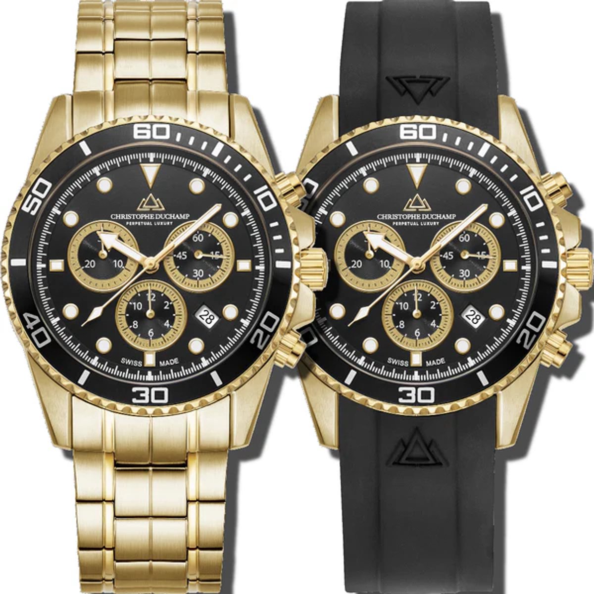 Christophe Duchamp Marine Chrono II (heren) – Zwarte Wijzerplaat met Zilverkleurige Kast en Zwarte Rubberband