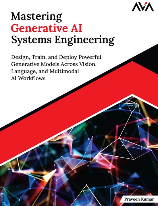 Boekomslag 'Mastering Generative AI Systems Engineering' met titel, subtitel en abstract, plus abstracte netwerkvisualisatie.