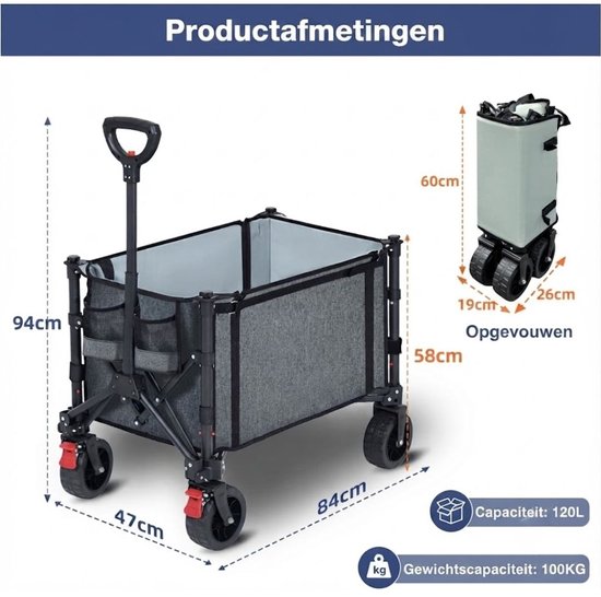 JCP® Bolderkar - 120L Capaciteit - Bolderkar Opvouwbaar - Opvouwbare Bolderkar - Grijs - 44cm x 19cm x 34cm van Jcp — afbeelding 2