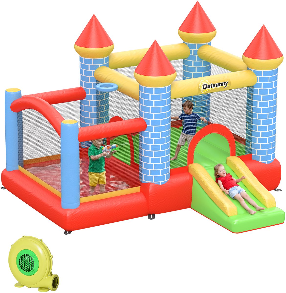 Opblaasbaar springkasteel met glijbaan en zwembad, geschikt voor 3 kinderen, inclusief ventilator, leeftijd 3-8 jaar, kleuren rood/blauw/groen, afmetingen 280 x 260 x 210 cm