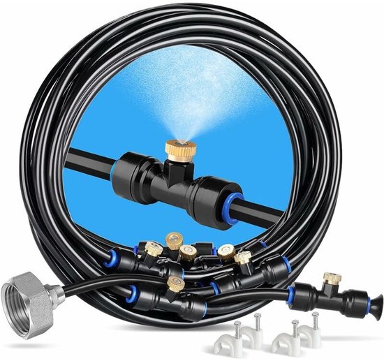 Buiten-vernevelingssysteem, 8 meter lang, met 7 vernevelingssproeiers + 2 reserve-sproeiers + 1 adapter (messing, 3/4") – geschikt voor terras, tuin, kas, trampoline of waterpark.