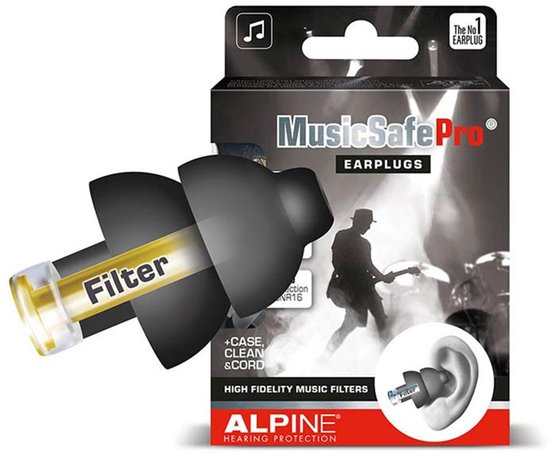 Alpine MusicSafe Pro oorplug verpakking met afbeelding van gitarist en oor met oorplug.