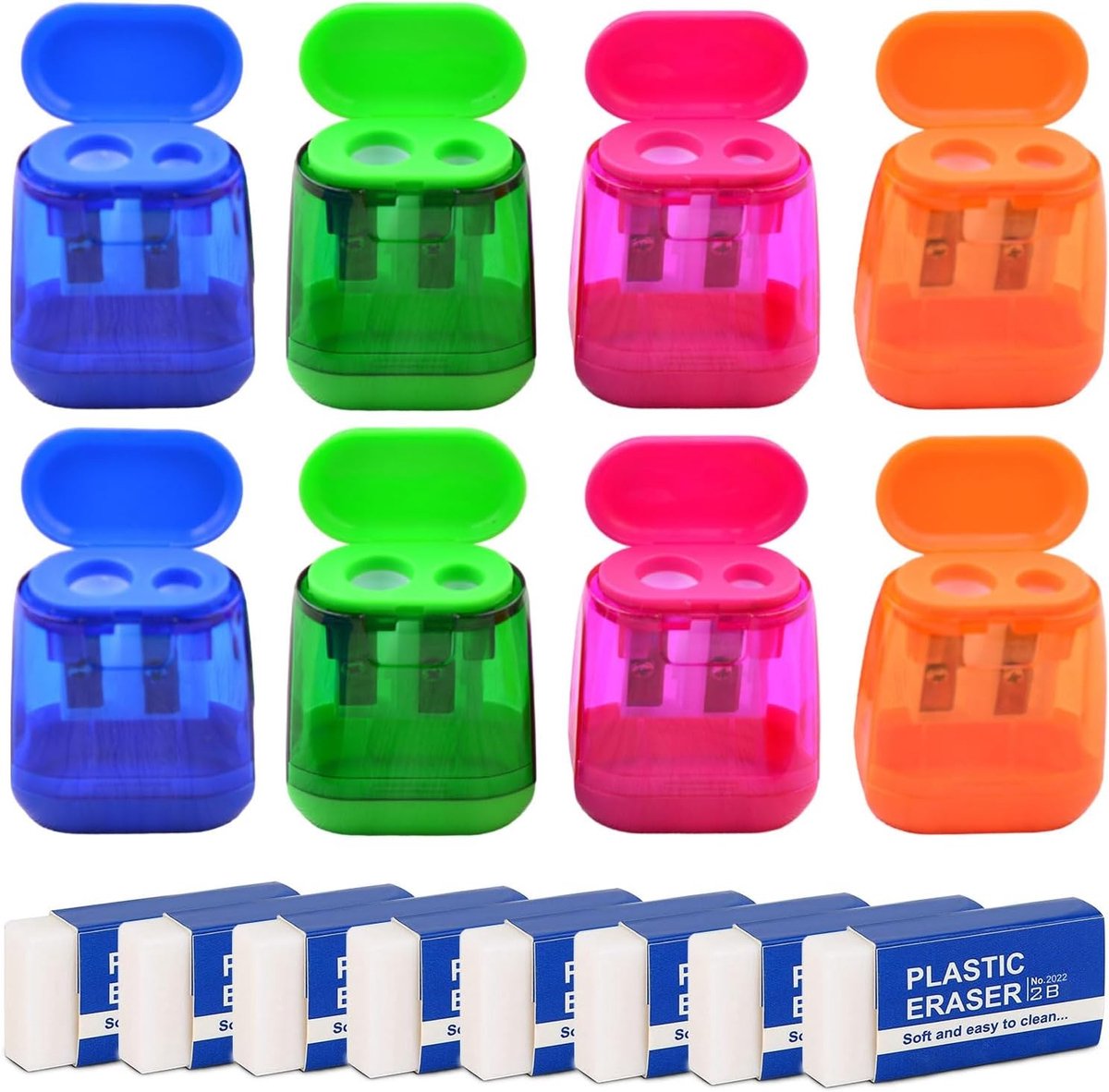 8 Stuks Kleurige Dubbele Puntenslijpers met Deksel en 8 Witte Plastic Gum, Perfect voor School en Kantoorgebruik